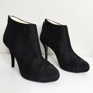 CHANEL CC Logo Beaded Black Ankle Boots Size 38.5